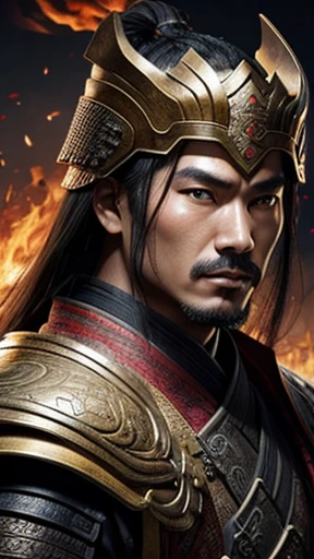 oriental、Man wearing ancient Chinese leather armor、ancient chinese hairstyle man、three kingdom、multiple warlords、highest quality、masterpiece、ultra high resolution、(Photoreal:1.4)、game poster、fire、wore a leather helmet
