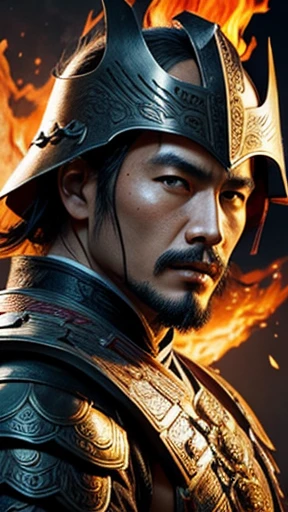 oriental、Man wearing ancient Chinese leather armor、ancient chinese hairstyle man、three kingdom、multiple warlords、highest quality、masterpiece、ultra high resolution、(Photoreal:1.4)、game poster、fire、wore a leather helmet