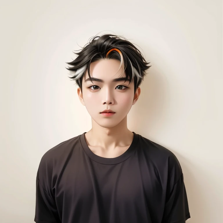 Fed man wearing orange shirt, 8k photos, 25 years old,Yellow and white short hair,big eyes,orange clothes,leng jun