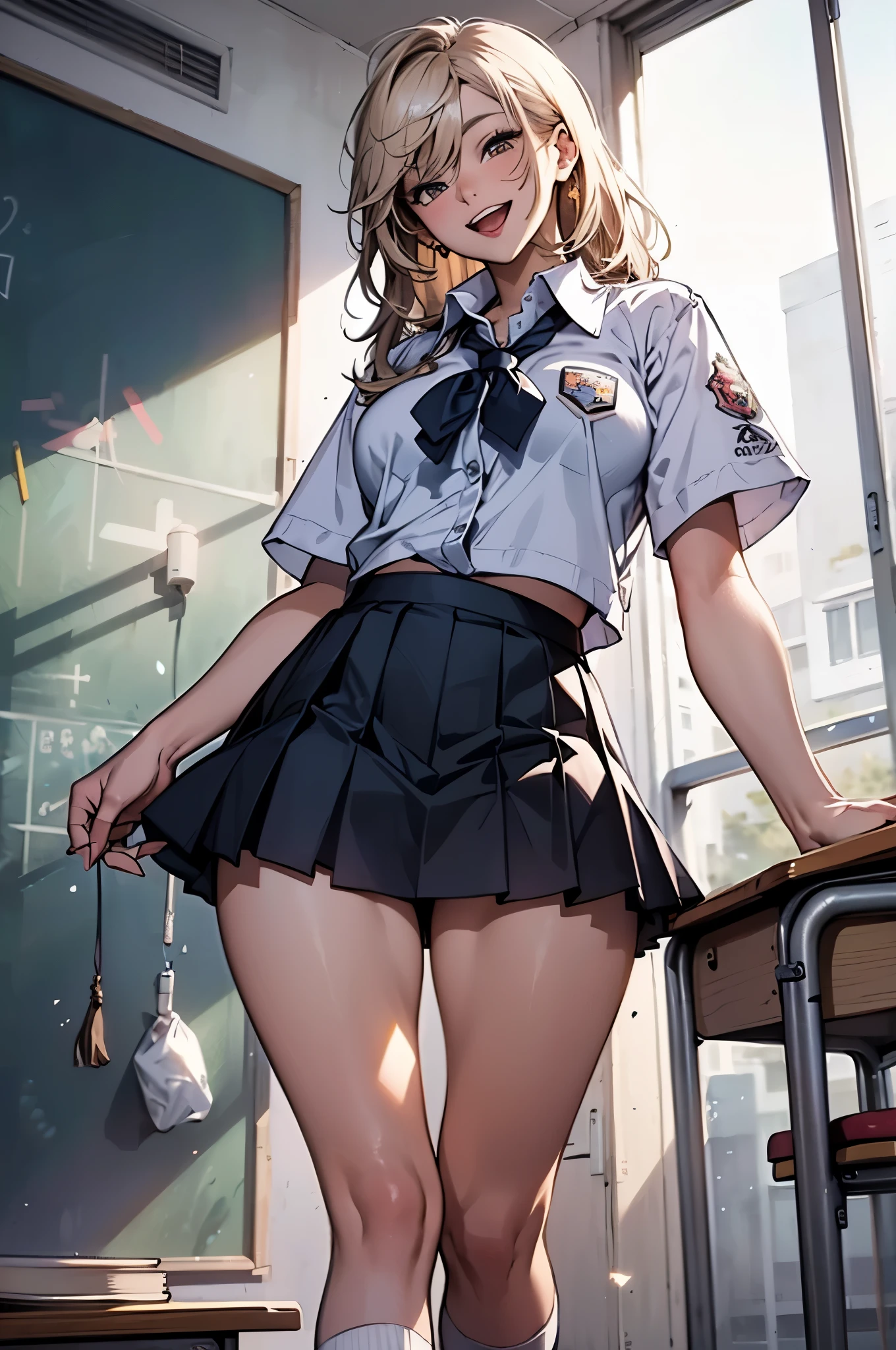 (masterpiece,best quality),(highres,detailed),(wallpaper),
cute,anime,animated,photorealistic,
solo:1.2,woman,
(school uniform:1.5),(baggy school uniform shirt),
(unkept hair,voluminous hair),
(beautiful thigh:1.0,plastic glitter thigh:1.0),
open mouth,laugh,smiling,
(narrow waist,wide hip,athletic body,inflated legs,detailed body,(detailed face)),