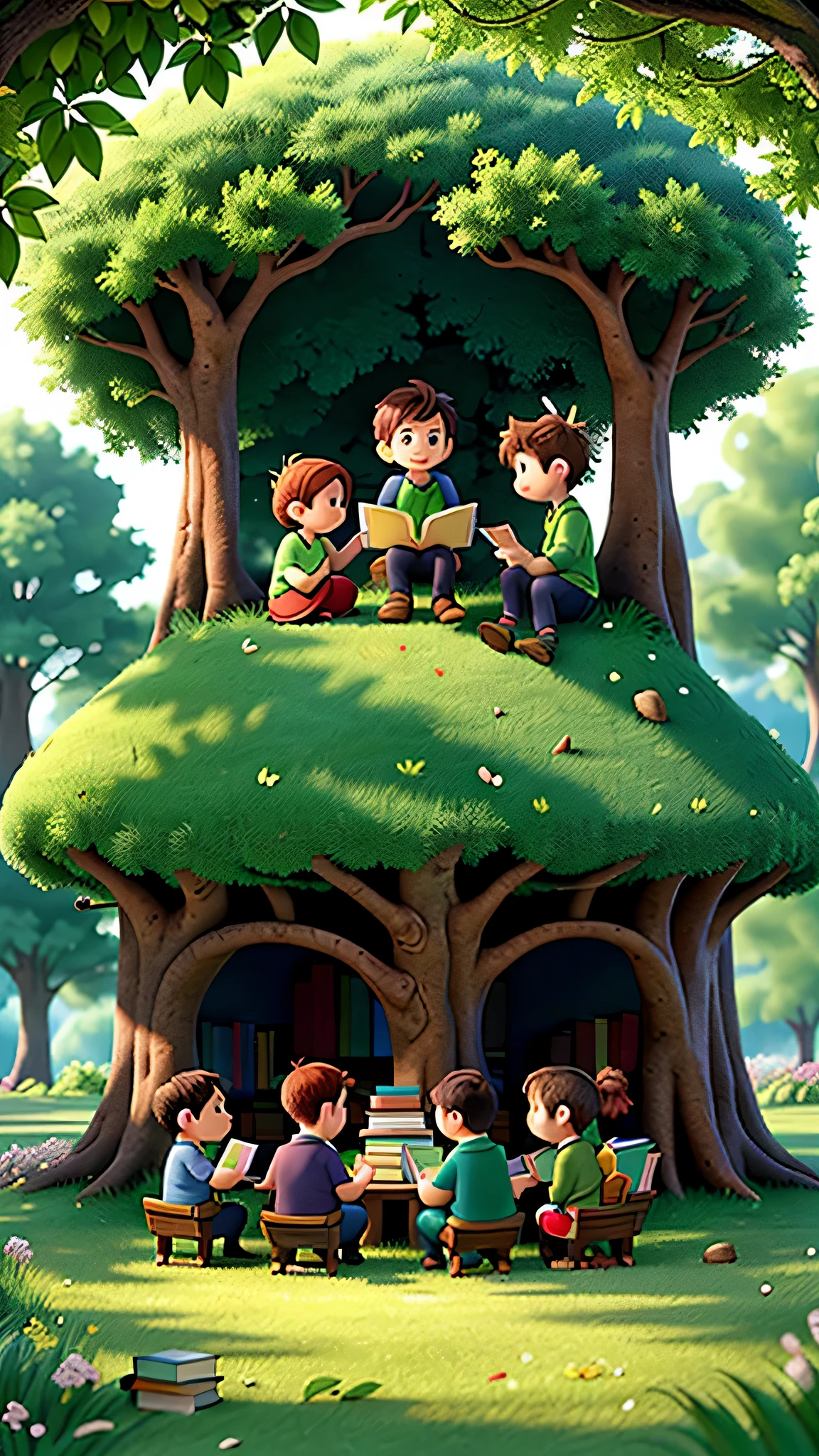 5 children with books in their hands, Olhando para o livro, escrita, the setting is inside the enchanted forest, children are sitting on the green grass.