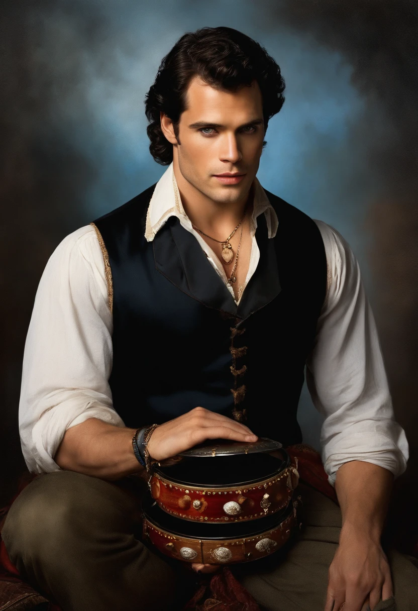 Baroque style painting of a young gypsy ((Henry Cavill)), earrings and bracelets, handsome and strong young man, dressed in vest, shirt and pants in the style of the Victorian Era, blue eyes, long, silky, black hair falling over his shoulders , ((playing a gypsy tambourine near a fire in a gypsy camp)).
