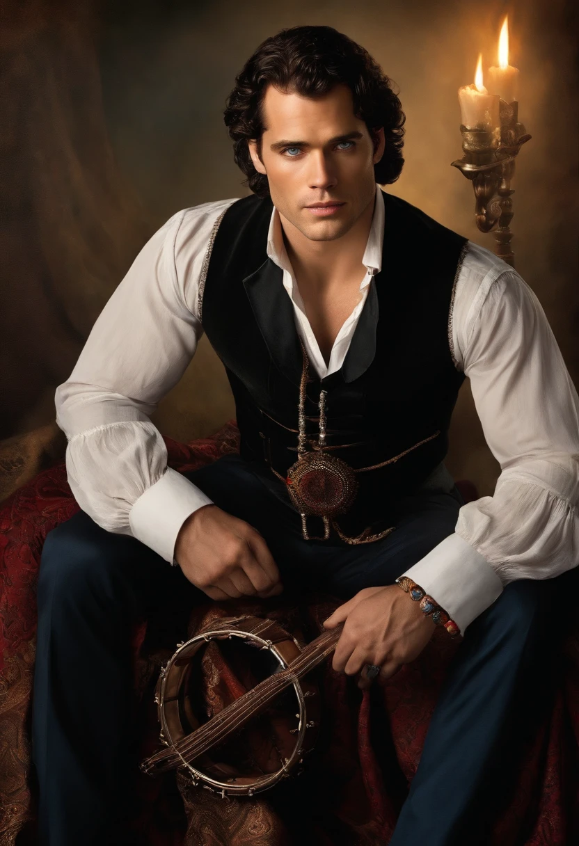 Baroque style painting of a young gypsy ((Henry Cavill)), earrings and bracelets, handsome and strong young man, dressed in vest, shirt and pants in the style of the Victorian Era, blue eyes, long, silky, black hair falling over his shoulders , ((playing a gypsy tambourine near a fire in a gypsy camp)).