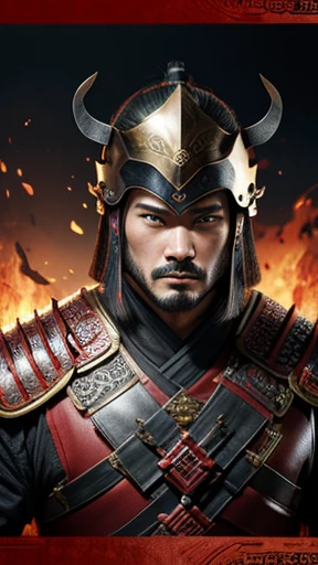 oriental、Man wearing ancient Chinese leather armor、ancient chinese hairstyle man、three kingdom、multiple warlords、highest quality、masterpiece、ultra high resolution、(Photoreal:1.4)、game poster、fire、wore a leather helmet、It's solo