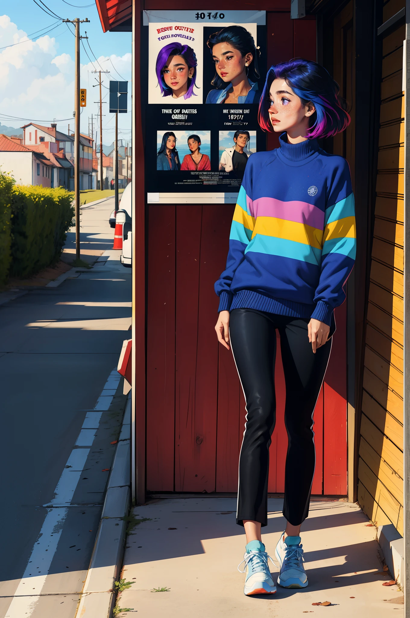 masterpiece, best quality, freckles, solo, dark skin, piercing, 1girl, wind blowing hair, multicolored hair, shoes, black sneakers, purple eyes, blue sweater, undercut, blush, long sleeves, full body, pants, indian style, looking away, looking to the side, outdoors, poster art 1970's, tritone