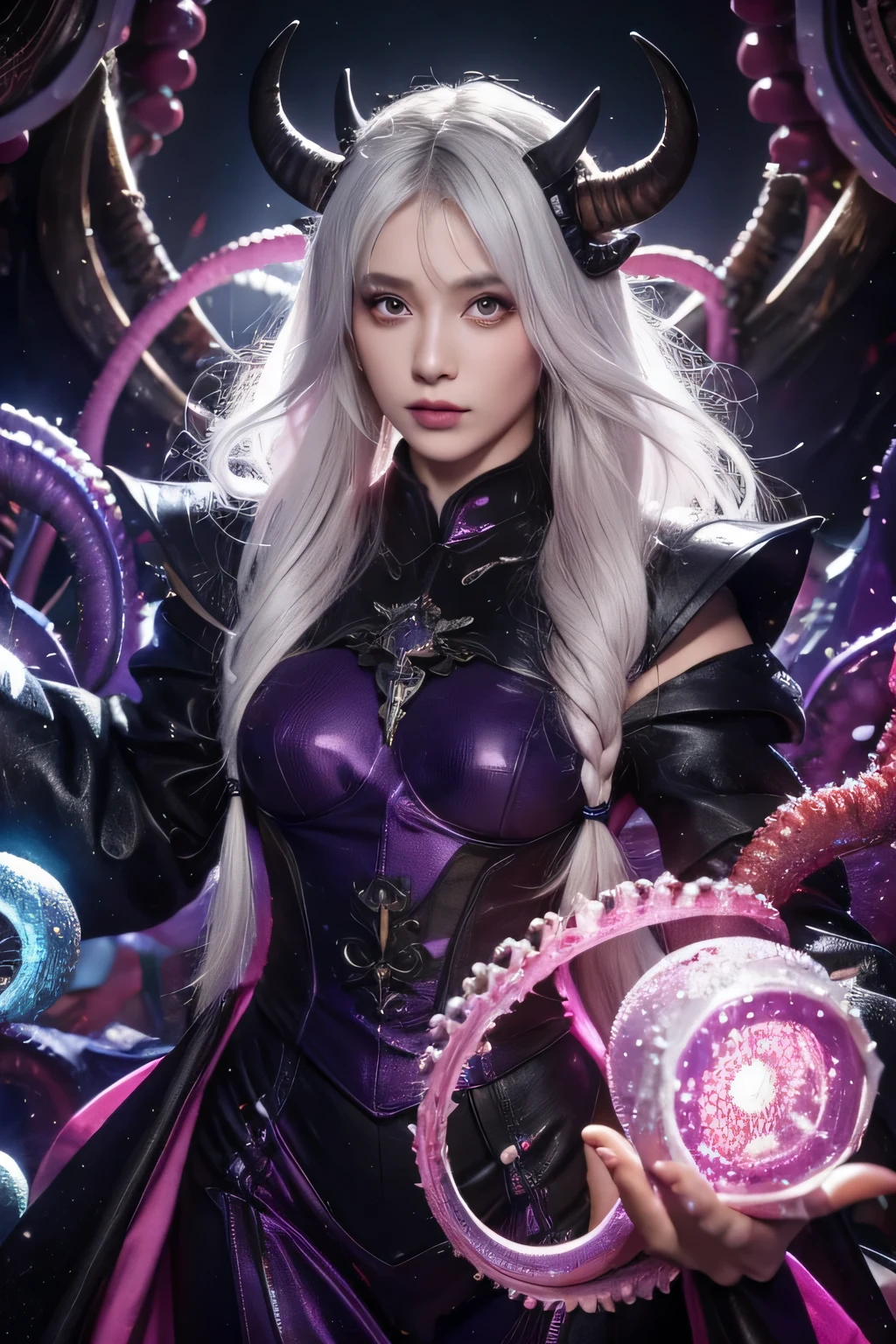 absurdres, ((high-resolution)), ultra detailed, vivid colors, abyssal goddess, dark skin, horns, white hair, ((medium hair:1.2)), (sidelocks:1.3), purple eyes, disheveled hair, long sleeves, fril gothic dress, purple and pink outfit, abyssal, darkness,  tentacles, fractal, psychedelic, Whimsical