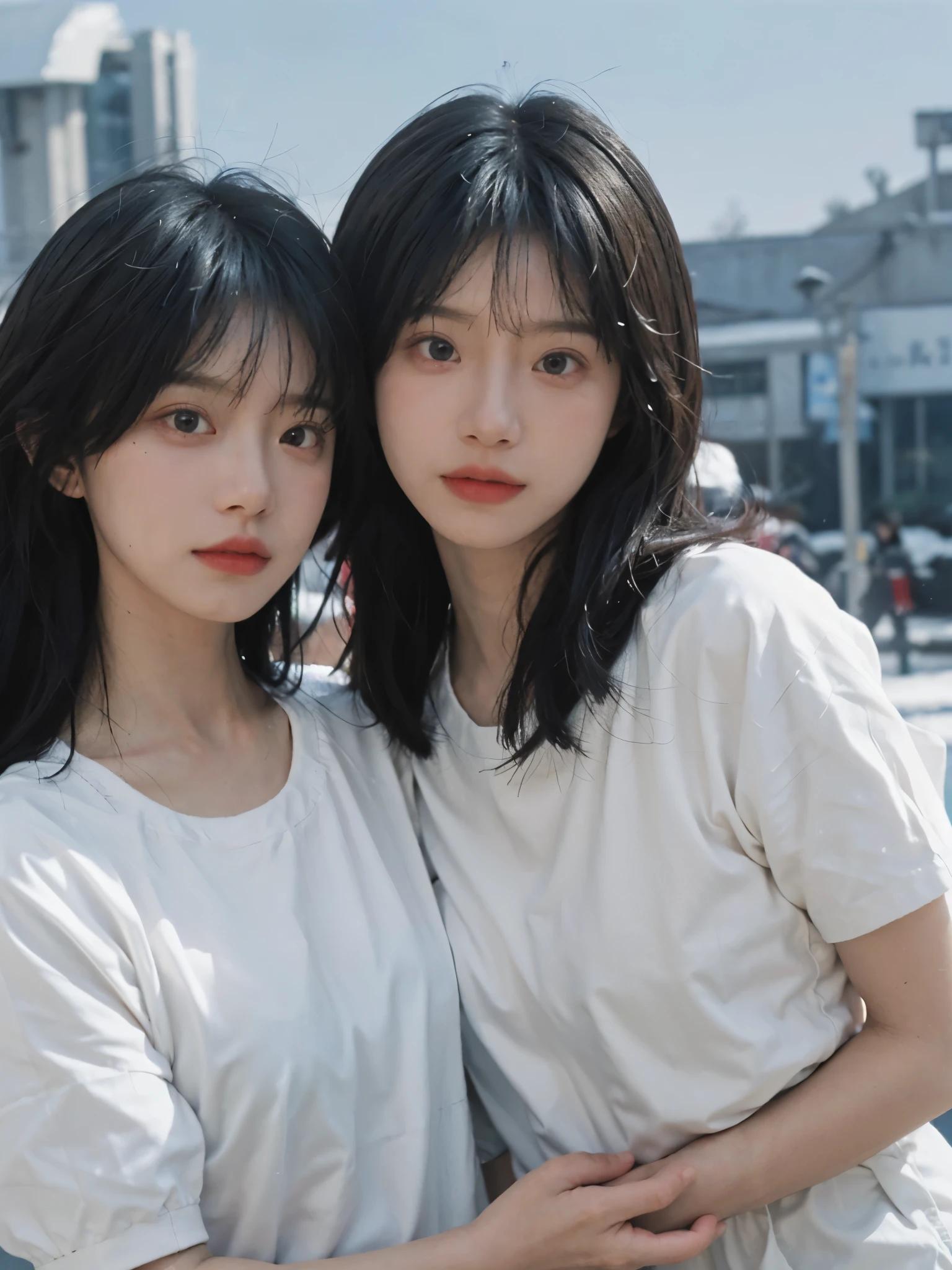 best quality, ultra high resolution, White background,(Upper body:1.4)(realistically:1.4), 2 girls, gold short sleeves,cute,Atmosphere,twin,A pair of eyes as clear as snow,Royal sister,Pure girl,looking at the audience, close up ,