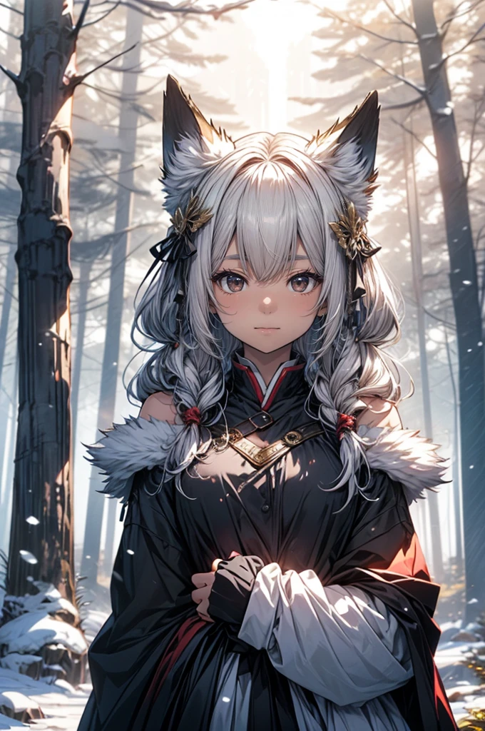 digital art work, masterpiece、 (1 female、charming snow fox:1.3)、fox ears BREAK Fantastic pure white winter costume、golden decoration、detailed、Elegant fluffy white fox tail REST frozen birch forest、standing in the middle、mysterious atmosphere、her powerful spell、Channeling your innate magic BREAK Crystal of snow、Sparkling rotation、 Her elegant and attractive space production REST birch forest background、 snow scene、Different world、detailed、frozen air、fantastic atmosphere、Fascinating scenes.
