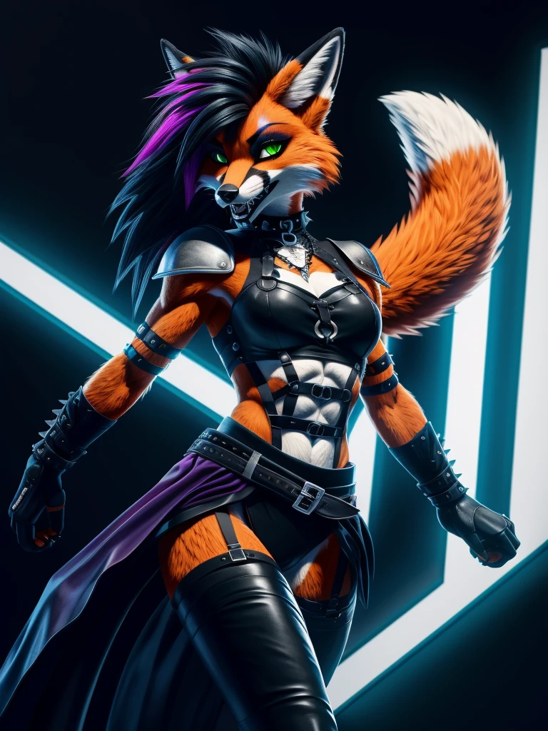 (best quality,4k,8k, highres, masterpiece:1.2), (furry; anthro fox), well-toned abs, ultra-detailed, dynamic lewd pose, ((horny)), ((sexy)), goth makeup, edgy punk hairstyle, detailed eyes and face, long eyelashes, gothic punk style, knight armor, vibrant colors, excited, green eyes, orange fur