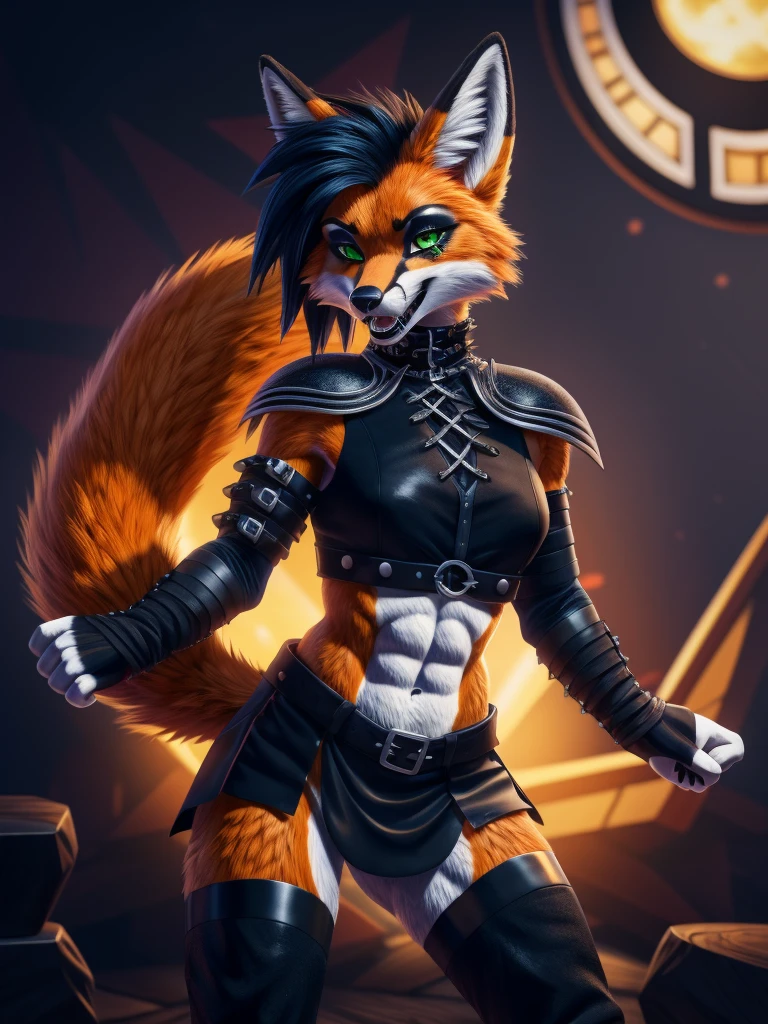 (best quality,4k,8k, highres, masterpiece:1.2), (furry; anthro fox), well-toned abs, ultra-detailed, dynamic lewd pose, ((horny)), ((sexy)), goth makeup, edgy punk hairstyle, detailed eyes and face, long eyelashes, gothic punk style, knight armor, vibrant colors, excited, green eyes, orange fur