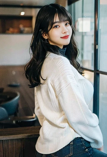 japanese woman,Female, 45 years old, long wavy black hair、bangs、tight white turtleneck sweater, plump nipples、Tight jeans pants, Jacket、medium milk, cute smile、(butt sticking out pose)、(looked back)、sexy hips、barefoot, living、sexy pose、sexy lace panty necklace、earrings、Photo showing the whole body, big ass, plump thighs