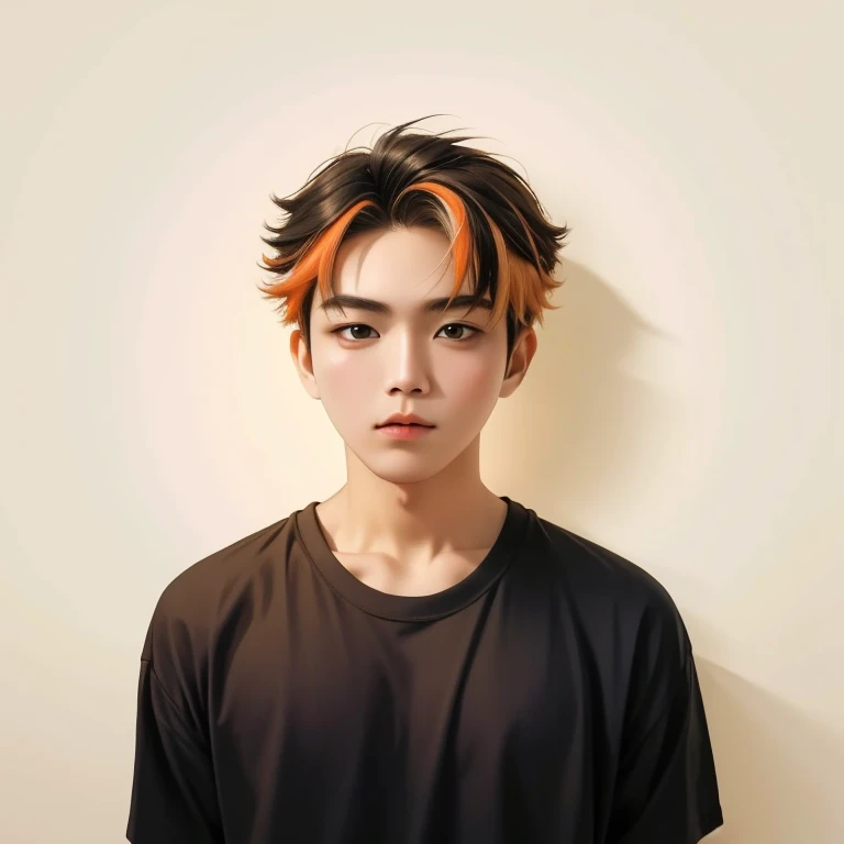 Fed man wearing orange shirt, 8k photos, 25 years old,Yellow and white short hair,big eyes,orange clothes,profile,leng jun