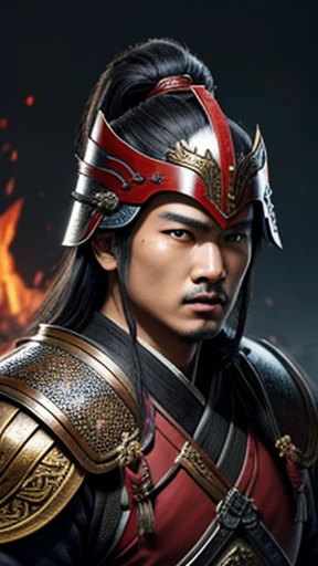 oriental、Man wearing ancient Chinese leather armor、ancient chinese hairstyle man、three kingdom、multiple warlords、highest quality、masterpiece、ultra high resolution、(Photoreal:1.4)、game poster、fire、wore a leather helmet、It's solo