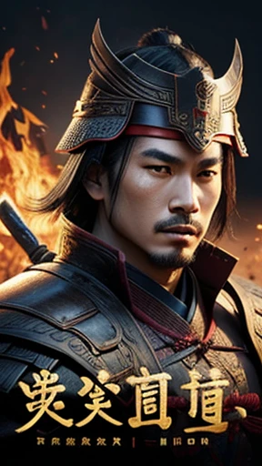 oriental、Man wearing ancient Chinese leather armor、ancient chinese hairstyle man、three kingdom、multiple warlords、highest quality、masterpiece、ultra high resolution、(Photoreal:1.4)、game poster、fire、wore a leather helmet、It's solo