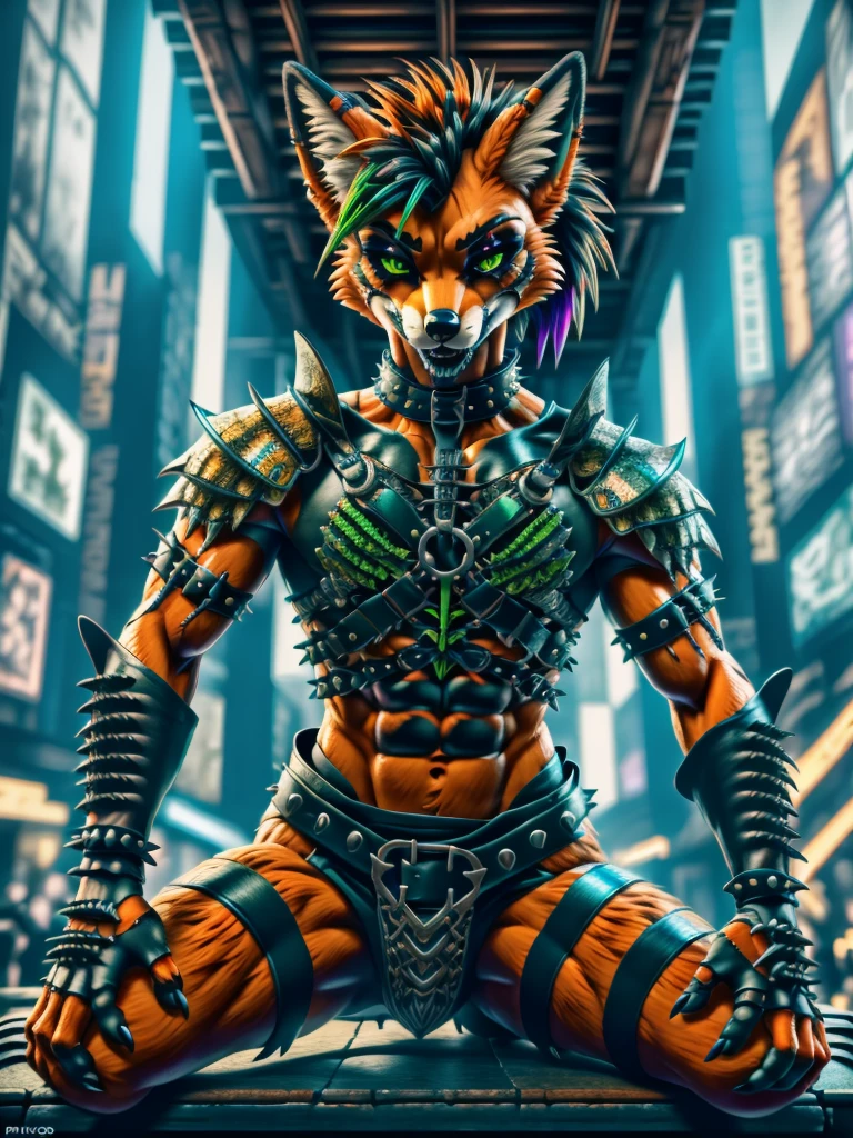 (best quality,4k,8k, highres, masterpiece:1.2), (furry; anthro fox), well-toned abs, ultra-detailed, dynamic lewd pose, ((horny)), ((sexy)), goth makeup, edgy punk hairstyle, detailed eyes and face, long eyelashes, gothic punk style, knight armor, vibrant colors, excited, green eyes, orange fur
