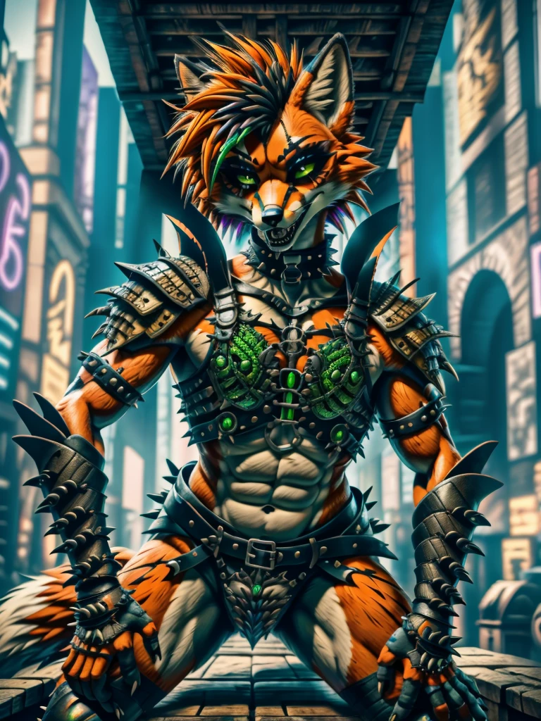 (best quality,4k,8k, highres, masterpiece:1.2), (furry; anthro fox), well-toned abs, ultra-detailed, dynamic lewd pose, ((horny)), ((sexy)), goth makeup, edgy punk hairstyle, detailed eyes and face, long eyelashes, gothic punk style, knight armor, vibrant colors, excited, green eyes, orange fur
