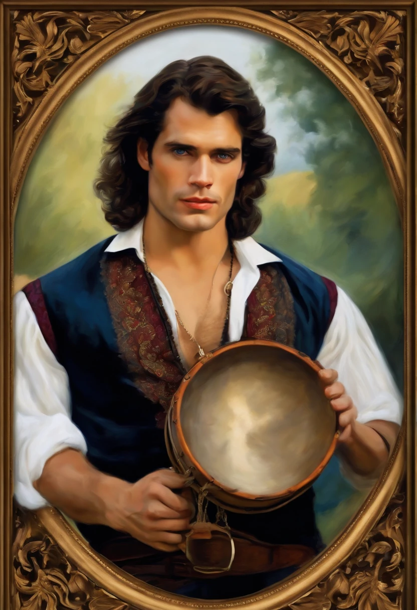 ((Baroque style painting of a young gypsy((henry cavill)),)) earrings and bracelets, handsome and strong young man, dressed in vest, shirt and pants in the style of the Victorian Era, blue eyes, long, silky, black hair falling on their shoulders, ((playing a gypsy tambourine near a fire in a gypsy camp)).