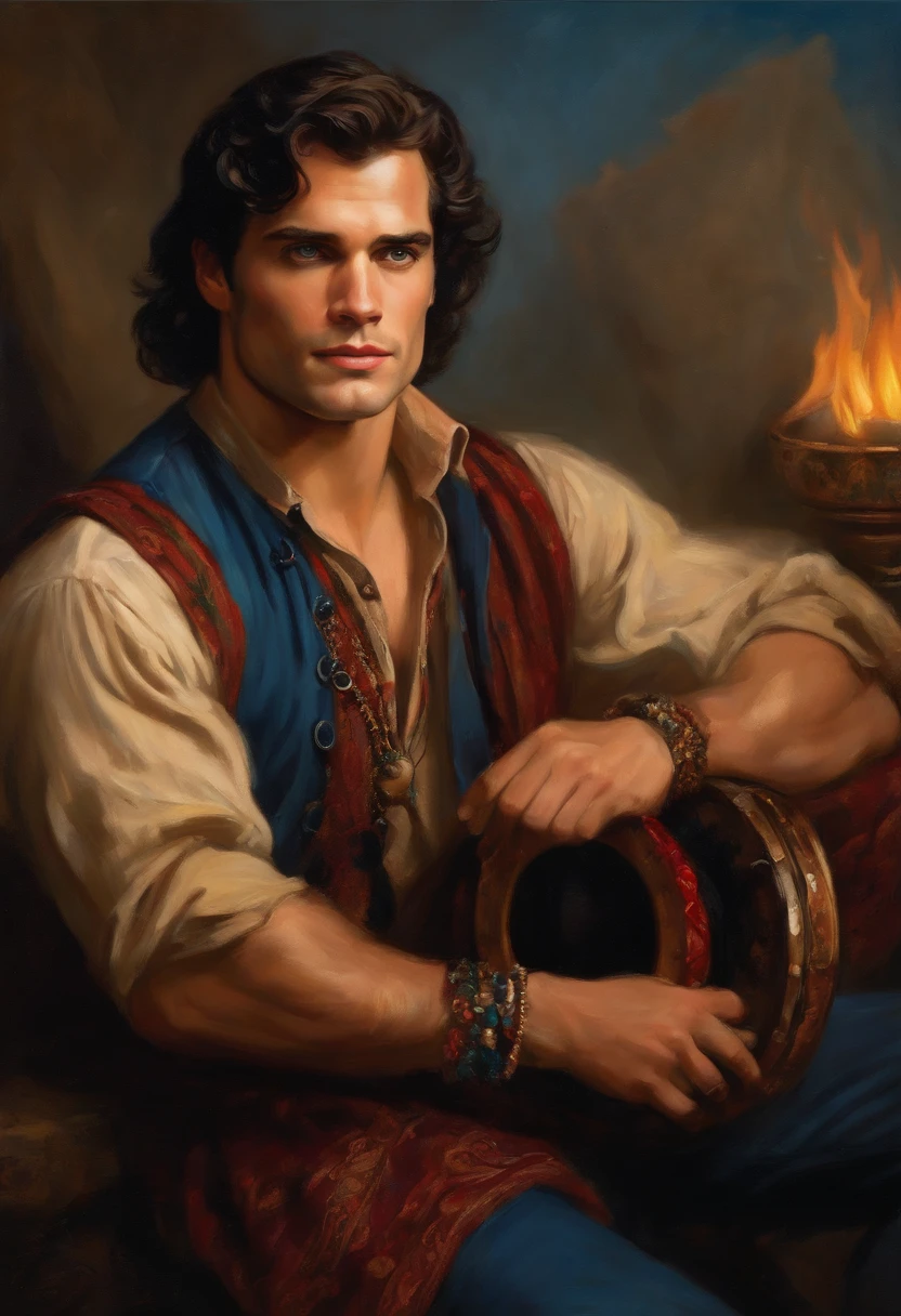 ((Baroque style painting of a young gypsy((henry cavill)),)) earrings and bracelets, handsome and strong young man, dressed in vest, shirt and pants in the style of the Victorian Era, blue eyes, long, silky, black hair falling on their shoulders, ((playing a gypsy tambourine near a fire in a gypsy camp)).