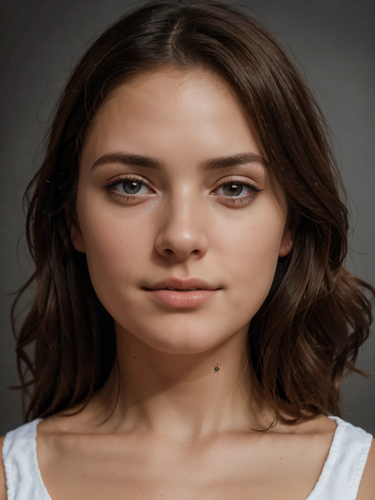 profile photo style of beautiful brunette FRENCH girl wearing casual FRENCH outfit, photo studio head and shoulders portrait shoot with open sky background, flash photography, centered mid shot, ((Best Quality)), (Ultra-detailed), (extremely detailed CG unified 8k), Highly detailed, High-definition raw color photos, Professional Photography, (happy face:0.8)