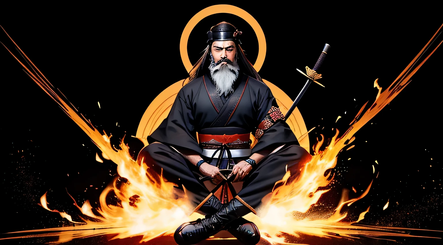 warrior, long beard, wearing a long hat, I'm wearing a black kimono, I have a scepter in my hand, black background, sat cross-legged, White aura, smile