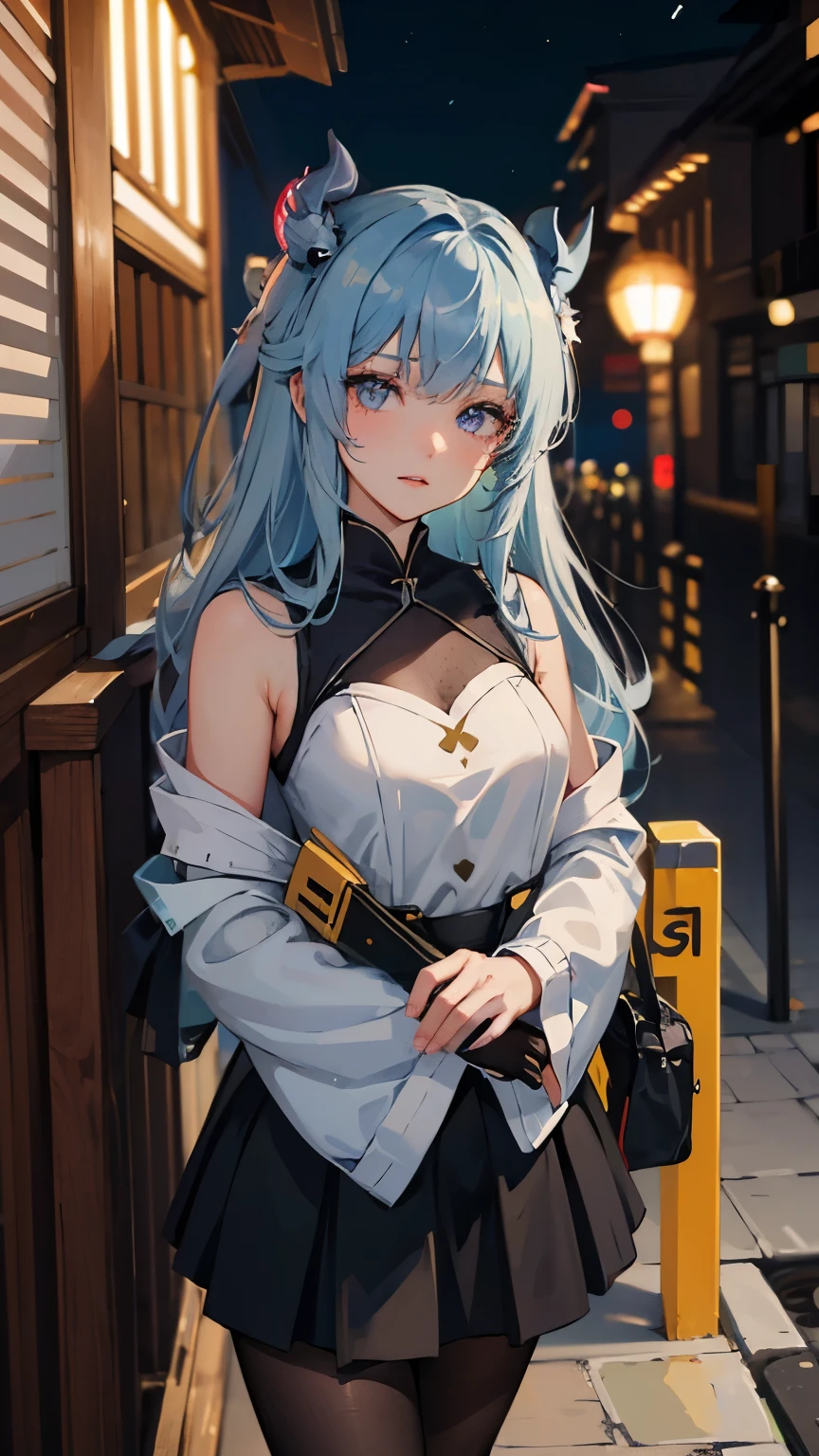 ganyu \(genshin impact\), 1girl, collorful, high detail, architecture, bangs, bare shoulders, bell, black gloves, black leg pantyhose, ((light blue hair)), exposed medium breasts,  flower knot, horns, long hair, looking at viewer, night, outdoors,light purple eyes, resting by wallside, one leg up, hands up, similing to viewer)