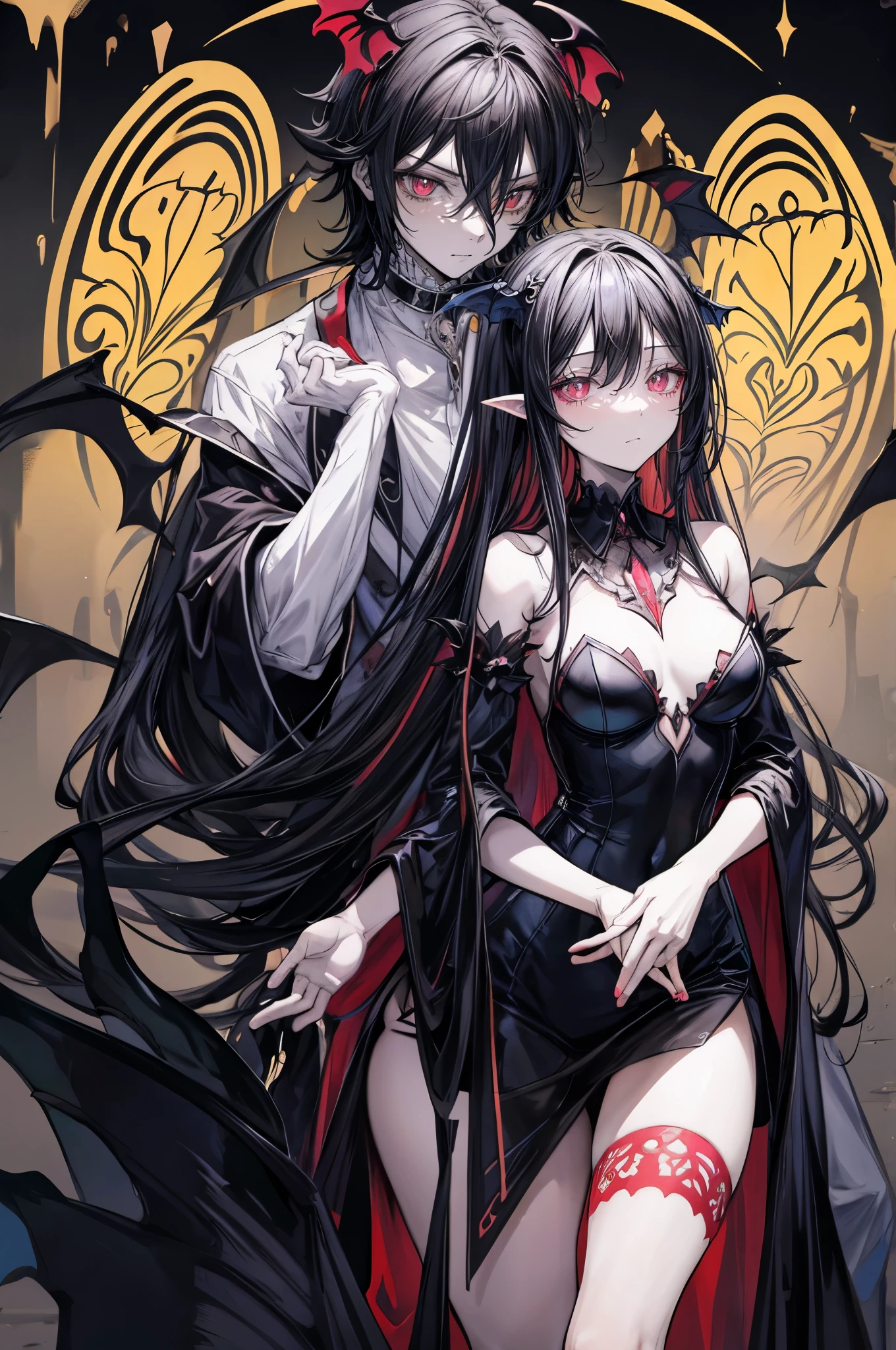 (flat color:1.1),(masterpiece:1.2), best quality, masterpiece, original, black silhouette figures of an incubus man and succubus woman, man, woman, two figures