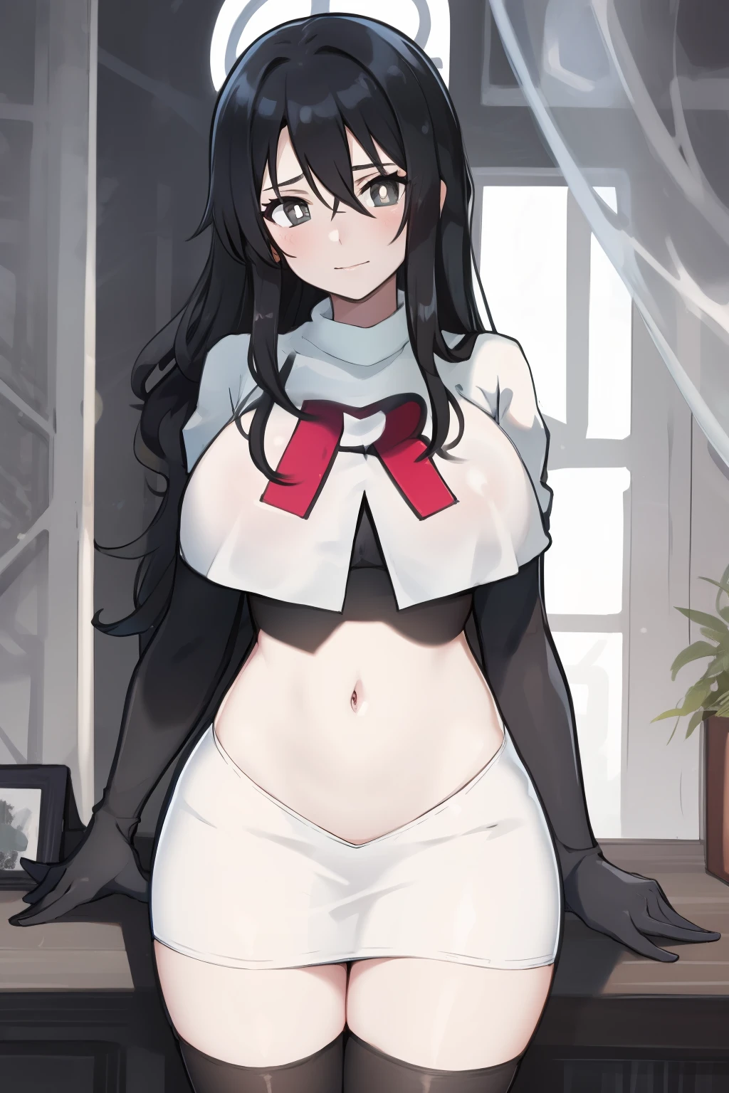 a girl, black hair, (black pupils:1.4), BREAK,big breasts, team rocket,team rocket uniform, red letter R, white skirt,white crop top,black thigh-highs,black elbow gloves
