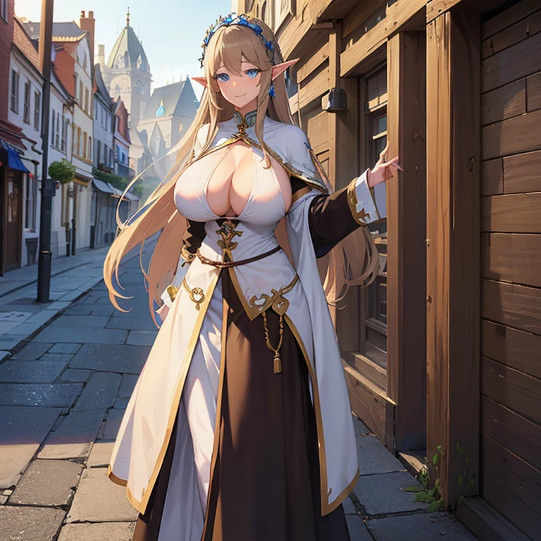 1 elf woman,((with long brown hair)),((with blue eyes)),((very huge breasts, a white elf outfit)),((with a kind and cute look, with a slight gentle smile)) ,((standing facing the viewer, on the medieval street))