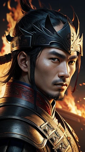 oriental、Man wearing ancient Chinese leather armor、ancient chinese hairstyle man、three kingdom、multiple warlords、highest quality、masterpiece、ultra high resolution、(Photoreal:1.4)、game poster、fire、wore a leather helmet、It's solo