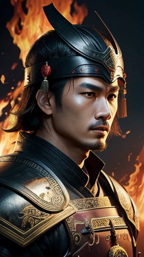 oriental、Man wearing ancient Chinese leather armor、ancient chinese hairstyle man、three kingdom、multiple warlords、highest quality、masterpiece、ultra high resolution、(Photoreal:1.4)、game poster、fire、wore a leather helmet、It's solo