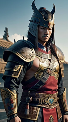 oriental、Man wearing ancient Chinese leather armor、ancient chinese hairstyle man、three kingdom、multiple warlords、highest quality、masterpiece、ultra high resolution、(Photoreal:1.4)、game poster、fire、wore a leather helmet、It's solo