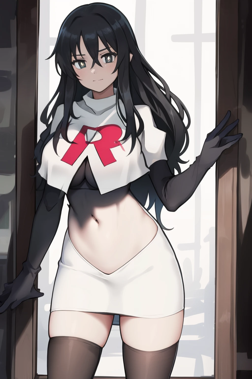a girl, black hair, (black pupils:1.4), BREAK,big breasts, team rocket,team rocket uniform, red letter R, white skirt,white crop top,black thigh-highs,black elbow gloves