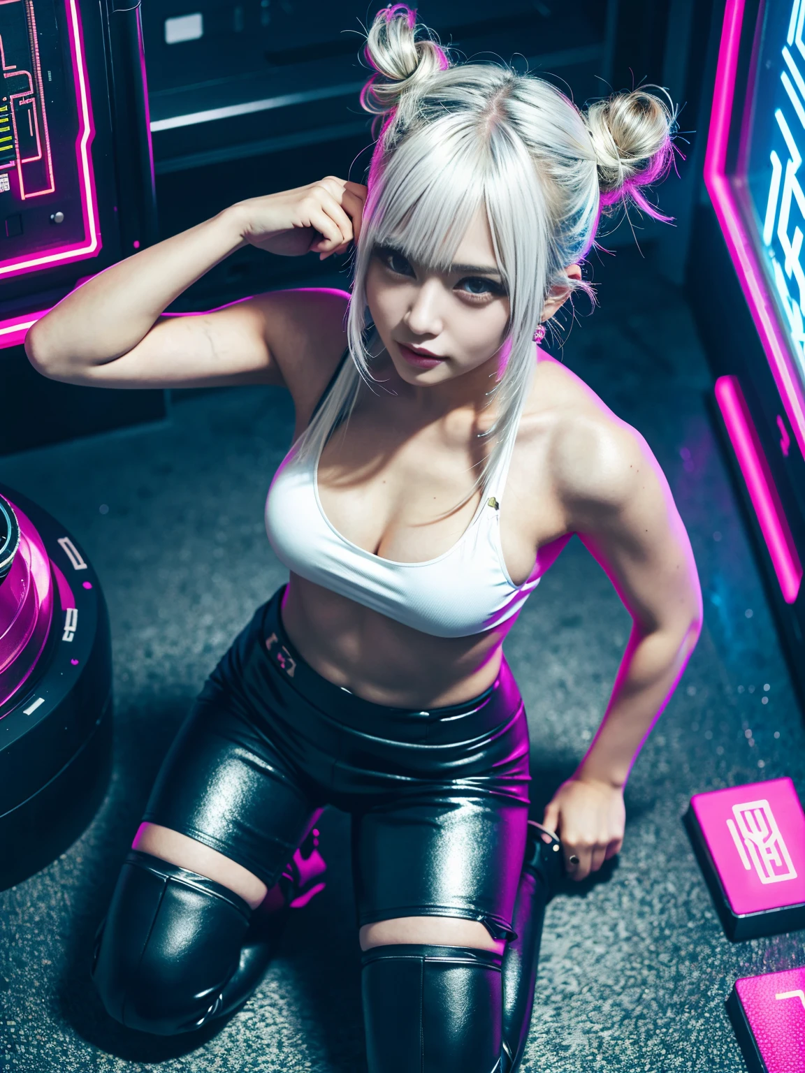 (photo realistic1.2),ultra detailed,(8K),(1girl),(cyberpunk:1.5),(ruins),(bed),Matte clothing,(cyberpunk costume:1.5),Futuristic Weapons,Future Items,Goggles of the Future,topless, (small nipples), (big breasts: 1.2),nude gravure, beautiful Japanese, clothes in disarray,earrings,(from above:1.5),(looking at viewer),(kneeling pose),smirk,(upper body),(spread legs:1.2),(white hair),(straight hair),(bun hair),26years old, 