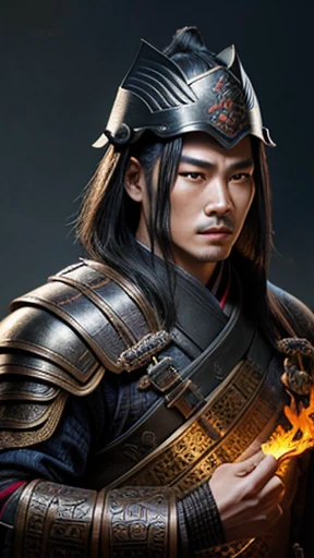 oriental、Man wearing ancient Chinese leather armor、ancient chinese hairstyle man、three kingdom、multiple warlords、highest quality、masterpiece、ultra high resolution、(Photoreal:1.4)、game poster、fire、wore a leather helmet、It's solo