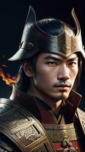 oriental、Man wearing ancient Chinese leather armor、ancient chinese hairstyle man、three kingdom、multiple warlords、highest quality、masterpiece、ultra high resolution、(Photoreal:1.4)、game poster、fire、wore a leather helmet、It's solo