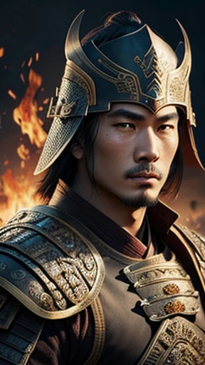 oriental、Man wearing ancient Chinese leather armor、ancient chinese hairstyle man、three kingdom、multiple warlords、highest quality、masterpiece、ultra high resolution、(Photoreal:1.4)、game poster、fire、wore a leather helmet、It's solo