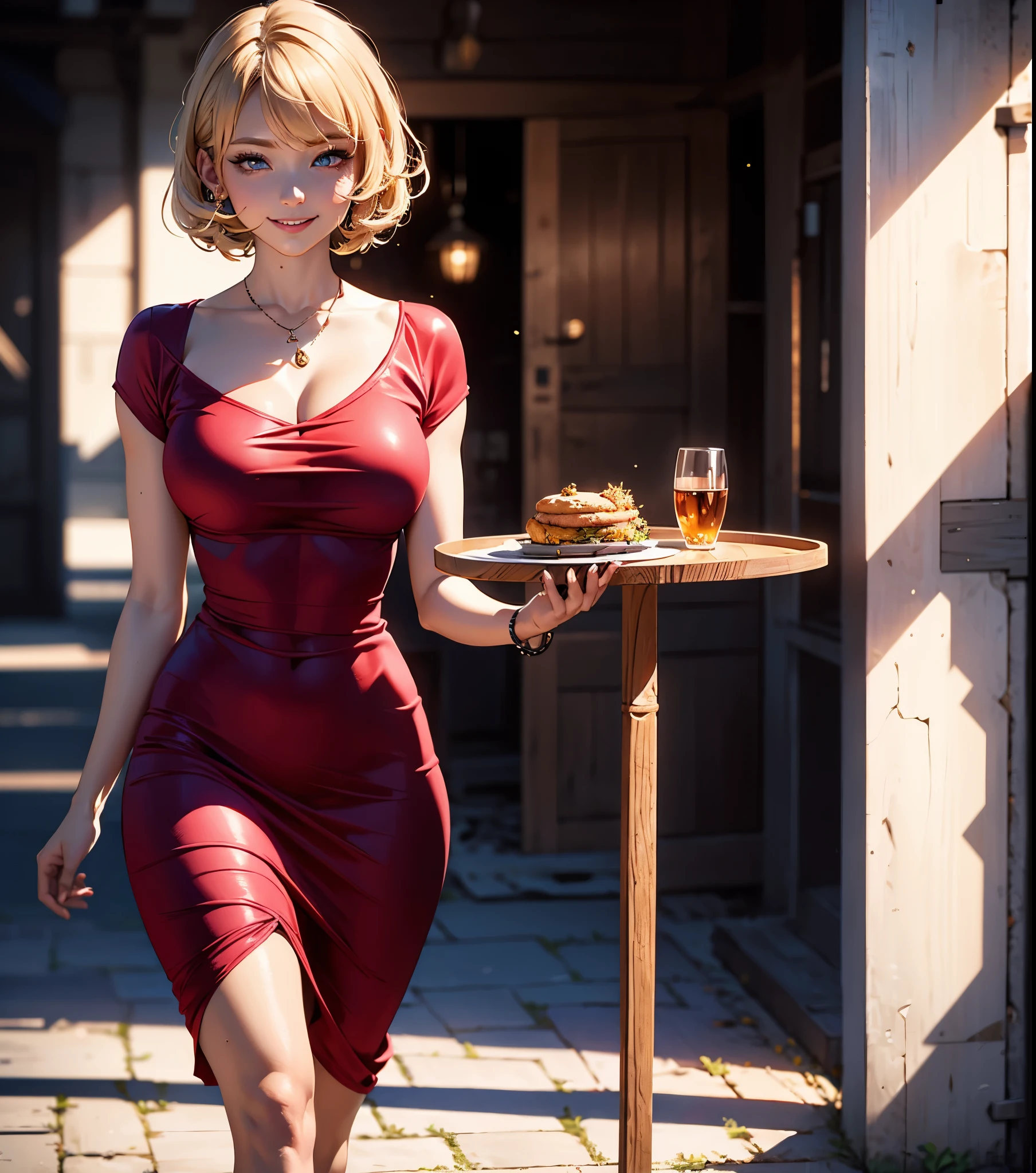 (table top), Sexy、Natural light, realistic, diffused glow, Depth of bounds written, professional lighting、Big eyes、eyes are blue、blonde、Russian、A big smile、short bob、The background is a road、glitter on the background、Walking dashingly、red dress、