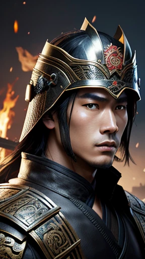 oriental、Man wearing ancient Chinese leather armor、ancient chinese hairstyle man、three kingdom、general、highest quality、masterpiece、ultra high resolution、(Photoreal:1.4)、game poster、fire、wore a leather helmet、It's solo