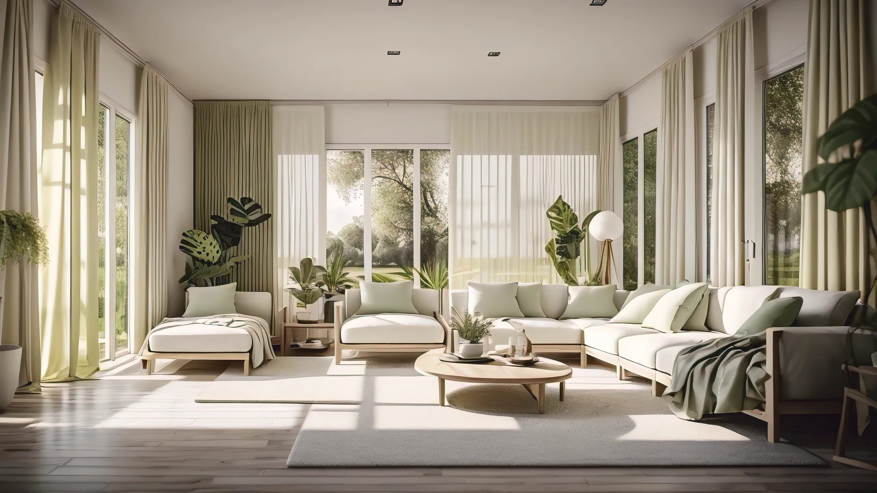 wide relaxing sunroom with, ((spreaded cotton curtains)) in windows on the right side, relaxation room, plants, white and green, beautiful background. straight shot, hyper realistic, 4k, ultra real, HDR