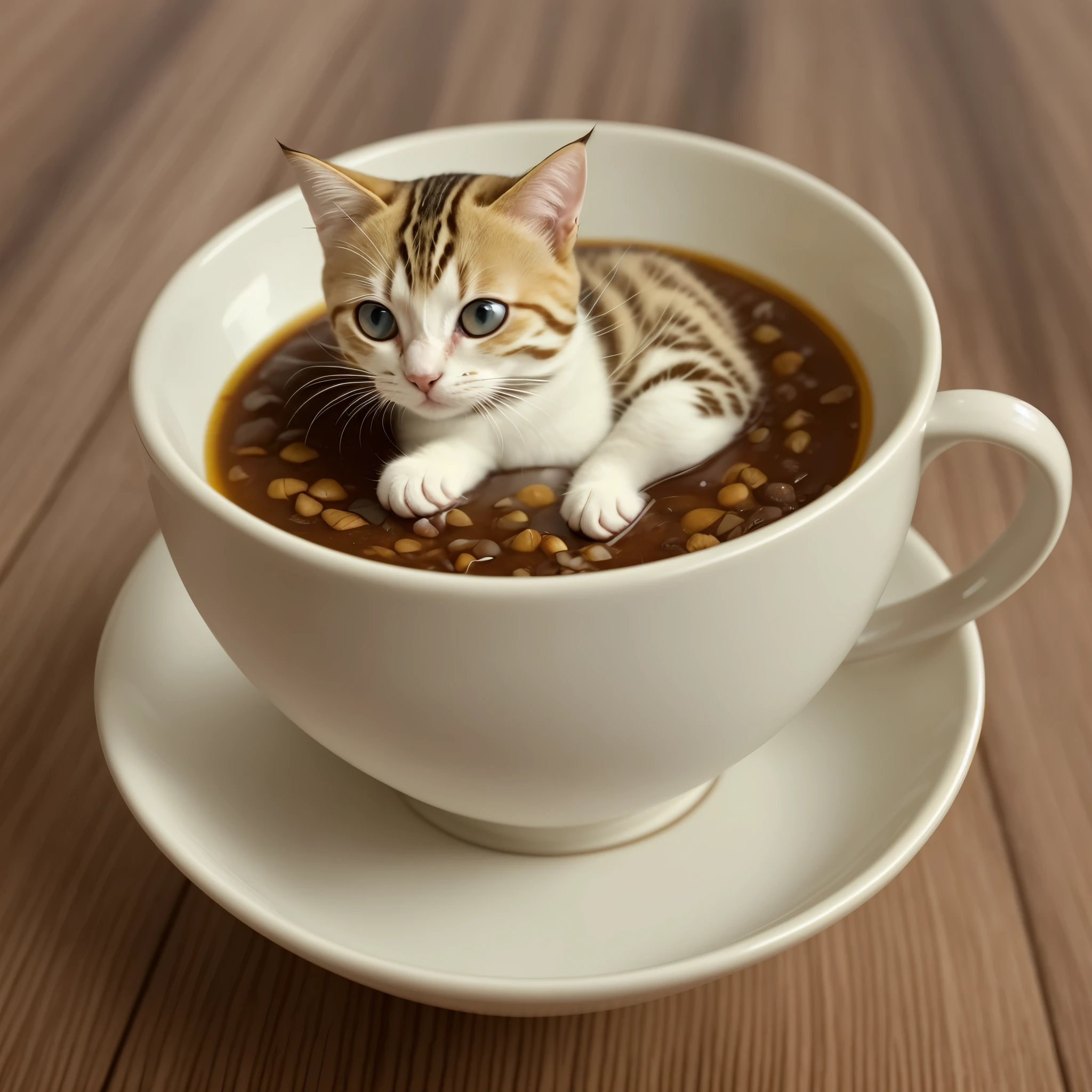 Yellow mug, white kitten playing in cup, on wooden table, head-on angle, photo Realistic stick style, --auto --s2