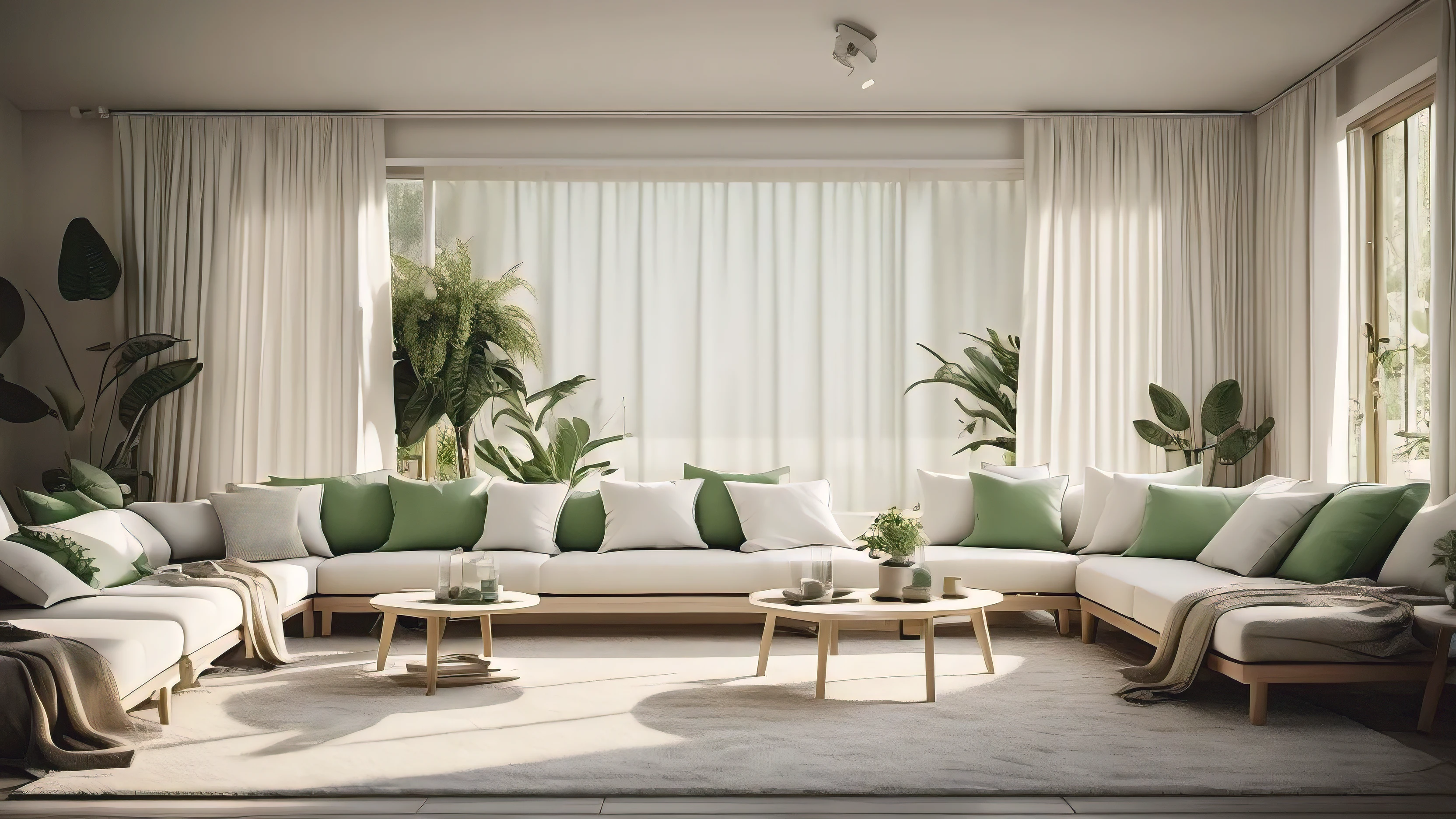 wide relaxing sunroom with, ((spreaded cotton curtains)) in windows on the right side, relaxation room, plants, white and green, beautiful background. straight shot, hyper realistic, 4k, ultra real, HDR