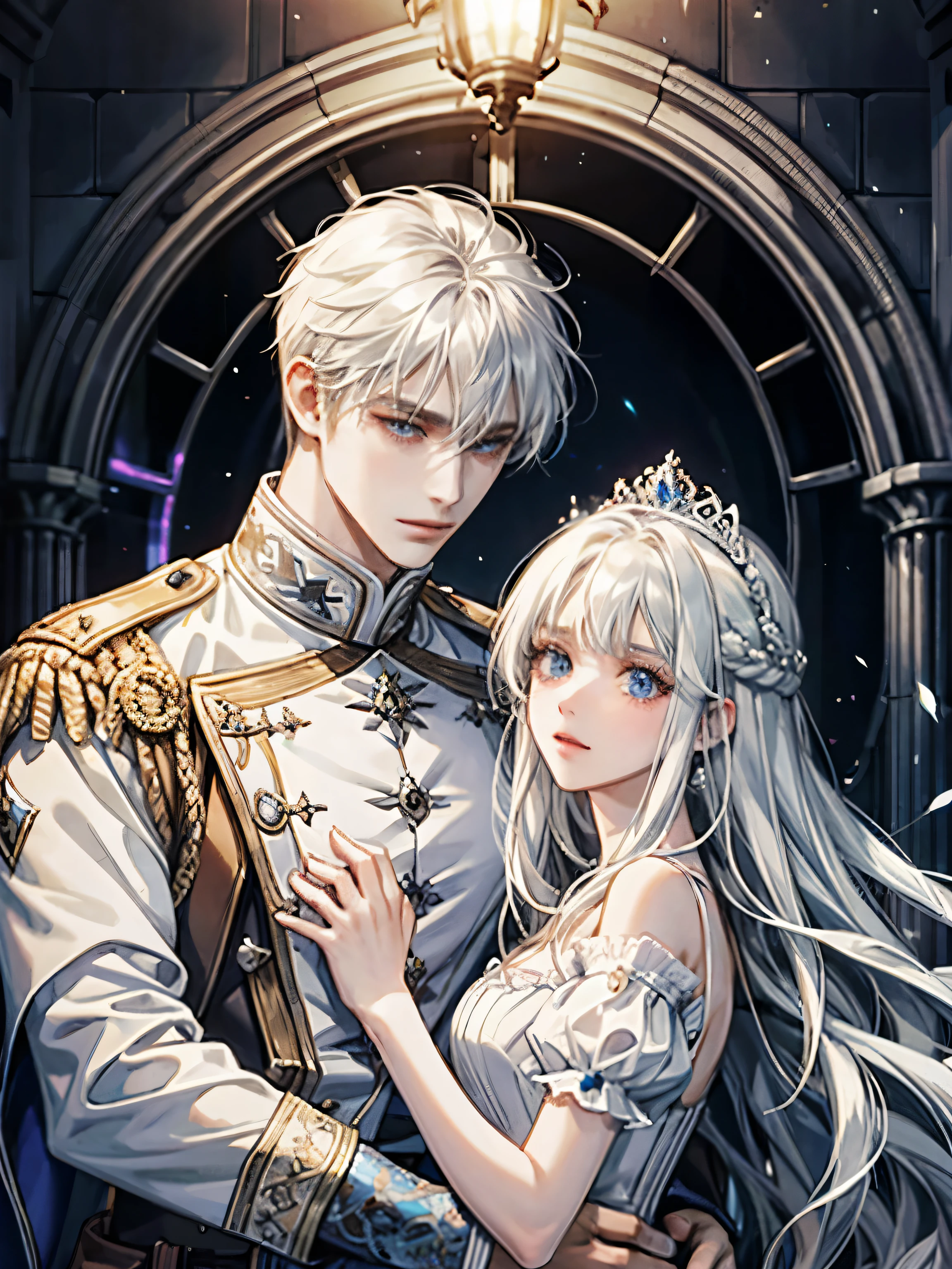 ((highest quality))、((masterpiece)) White and blue princess dresses、light、Girl with long white hair、palace、wonderful、happy man and woman dancing waltz、blonde guy、detailed face、Woman with white hair、High resolution、The face becomes clearer、party、Princes and princesses、Men with short hair、city、最High resolution、A world of just the two of us、soft touch