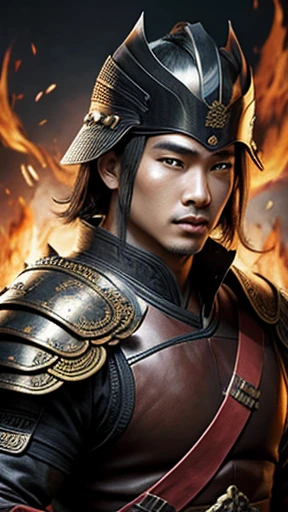 oriental、Man wearing ancient Chinese leather armor、ancient chinese hairstyle man、three kingdom、general、highest quality、masterpiece、ultra high resolution、(Photoreal:1.4)、game poster、fire、wore a leather helmet、It's solo