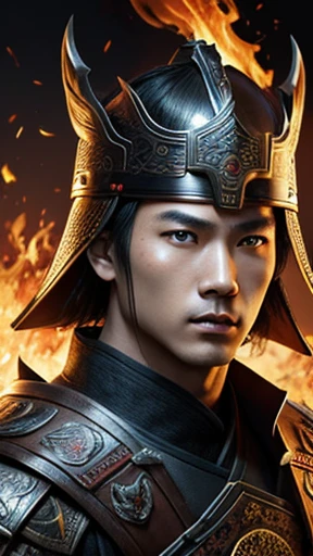 oriental、Man wearing ancient Chinese leather armor、ancient chinese hairstyle man、three kingdom、general、highest quality、masterpiece、ultra high resolution、(Photoreal:1.4)、game poster、fire、wore a leather helmet、It's solo