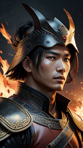 oriental、Man wearing ancient Chinese leather armor、ancient chinese hairstyle man、three kingdom、general、highest quality、masterpiece、ultra high resolution、(Photoreal:1.4)、game poster、fire、wore a leather helmet、It's solo