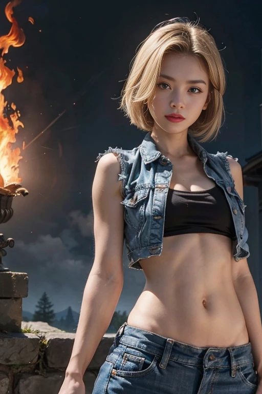 A beautiful android 18, beautiful Japanese face, huge eyes, dragon ball, blonde short hair, holding huge glowing dragon ball in front, high detail face, high detail skin, muscle definition, skinny, small waist, small hip, torn black clothing, torn shirt:1.5, ripped clothes, burnt denim sleeveless jacket, exposing gigantic saggy breasts, extremely gigantic breasts, visible large nipples, vaginal, slim skinny, small waist:1.3, high resolution, photo-realistic,