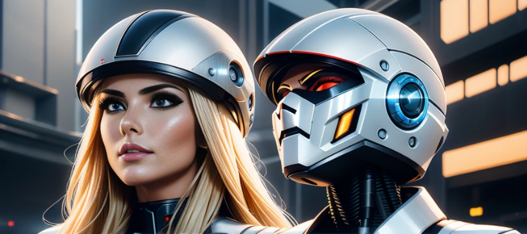 Sexy Cyber Warrior，Long flowing blonde hair，White cyberpunk high-tech mech costume，White cyberpunk faceless helmet，BiomechanicalSHN Robot Woman，High-tech helmet，hyper realisitc， Steel， Complex design， insanely detailinely detailled， Extremely clear lines， cinmatic lighting， photograph realistic， A detailed masterpiece