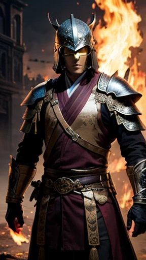 oriental、Man wearing ancient Chinese leather armor、ancient chinese hairstyle man、three kingdom、general、highest quality、masterpiece、ultra high resolution、(Photoreal:1.4)、game poster、fire、wore a leather helmet、It's solo