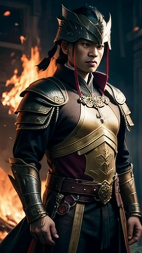 oriental、Man wearing ancient Chinese leather armor、ancient chinese hairstyle man、three kingdom、general、highest quality、masterpiece、ultra high resolution、(Photoreal:1.4)、game poster、fire、wore a leather helmet、It's solo