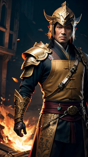 oriental、Man wearing ancient Chinese leather armor、ancient chinese hairstyle man、three kingdom、general、highest quality、masterpiece、ultra high resolution、(Photoreal:1.4)、game poster、fire、wore a leather helmet、It's solo